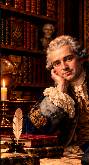 Jean-Baptiste dans sa bibliothèque ancienne, à la lueur des bougies